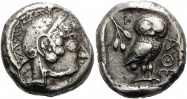 ATTICA. Athens . Circa 500/490-485/0 BC. Tetradrachm (Silver, 22 mm, 16.15 g, 1 h). Head of Athena to right, wearing crested Attic helmet and circular...