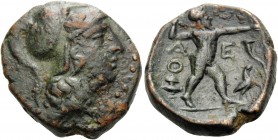 ATTICA. Athens . Circa 190-183 BC. (Bronze, 19 mm, 7.17 g, 1 h). Head of Athena, wearing Corinthian helmet to right. Rev. AΘE Zeus standing right, hur...