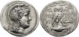 ATTICA. Athens . 137/6. Tetradrachm (Silver, 31 mm, 16.81 g, 12 h), new style, Miki(on) and Theophra(stos). Head of Athena Parthenos to right, wearing...