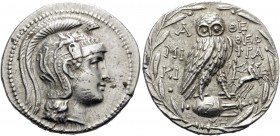 ATTICA. Athens . 137/6 BC. Tetradrachm (Silver, 29 mm, 17.00 g, 11 h), new style, Miki(on) and Theophra(stos). Head of Athena Parthenos to right, wear...