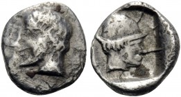 ARKADIA. Mantineia . Circa 470/65-450 BC. Hemiobol (Silver, 9 mm, 0.51 g, 6 h). Bearded male head to left. Rev. Youthful male head (Hermes?) wearing p...