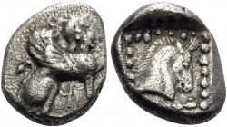 SOUTHWESTERN ASIA MINOR OR THE LEVANT. Uncertain . Mid 5th Century BC. Diobol (Silver, 12 mm, 1.80 g, 7 h). Sphinx seated to right, with spiral orname...