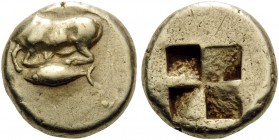 MYSIA. Kyzikos . Circa 500-450 BC. Hekte (Electrum, 11 mm, 2.61 g). Bull kneeling to left on tunny. Rev. Quadripartite inuse square. SNG Paris -. Von ...