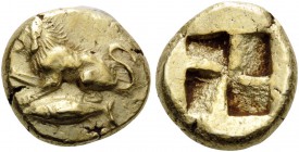 MYSIA. Kyzikos . Circa 480 BC. Hekte (Electrum, 11 mm, 2.67 g). Lion, with right forepaw raised and open jaws, seated left on tunny to left. Rev. Quad...