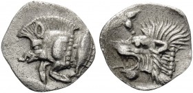 MYSIA. Kyzikos . Circa 450-400 BC. Hemiobol (Silver, 10 mm, 0.37 g, 12 h). Forepart of boar to left; to right, tunny fish swimming upwards. Rev. Head ...