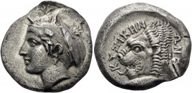 MYSIA. Kyzikos . Circa 390-341/0 BC. Tetradrachm (Silver, 25 mm, 14.88 g, 9 h). ΣΩTEIPA Head of Kore Soteira left, hair in sphendone covered with a ve...
