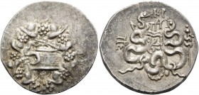 MYSIA. Pergamon . Circa 166-67 BC. Cistophoric Tetradrachm (Silver, 27 mm, 12.55 g, 1 h), c. 85-76 BC. Cista mystica from which snake coils; all withi...