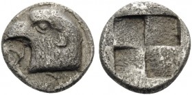 AEOLIS. Kyme . Circa 480-450 BC. Hemiobol (Silver, 7 mm, 0.31 g). K-Y Eagle's head to left. Rev. Quadripartite incuse square. SNG Copenhagen 31-3. Ton...