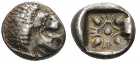 IONIA. Miletos . Late 6th-early 5th centuries BC. Diobol (Silver, 10 mm, 1.24 g). Forepart of lion to left, head turned back to right. Rev. Star-shape...