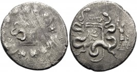 LYDIA. Tralleis . Circa 166-67 BC. Tetradrachm (Silver, 25.5 mm, 12.11 g, 12 h), Atta..., c. 133-100 BC. Basket (cista mystica) from which snake coils...