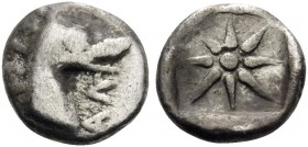 CARIA. Halikarnassos . Circa 460-440 BC. Hemiobol (Silver, 7.5 mm, 0.32 g). AΛ Head and neck of ketos to right. Rev. Eight-rayed star within incuse sq...