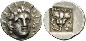 ISLANDS OFF CARIA, Rhodos. Rhodes . Circa 150-125 BC. Hemidrachm (Silver, 13 mm, 1.31 g, 12 h), Timokrates, magistrate. Radiate head of Helios, three-...