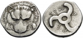DYNASTS OF LYCIA. Trbbenimi, circa 390-370 BC. Tetrobol (Silver, 15 mm, 1.68 g, 1 h). Lion's scalp facing. Rev. TPBB-E[NE]-ME around Lycian Triskeles ...