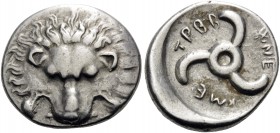 DYNASTS OF LYCIA. Trbbenimi, circa 390-370 BC. Tetrobol (Silver, 16 mm, 1.99 g, 1 h). Lion's scalp facing. Rev. TPBB-ENE-ME around Lycian Triskeles to...