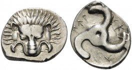 DYNASTS OF LYCIA. Perikles, circa 380-360 BC. Tetrobol (Silver, 17 mm, 2.76 g, 12 h). Lion's scalp facing. Rev. ΠΕP-ΕΚ-ΛE around triskeles. SNG von Au...