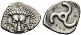 DYNASTS OF LYCIA. Perikles, circa 380-360 BC. Tetrobol (Silver, 17 mm, 2.85 g). Lion's scalp facing. Rev. ΠΕ-PΕ-ΚΛE around triskeles. SNG von Aulock 4...