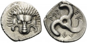 DYNASTS OF LYCIA. Perikles, circa 380-360 BC. Tetrobol (Silver, 17 mm, 2.81 g). Lion's scalp facing. Rev. ΠΕP-ΕΚ-ΛE around triskeles. SNG von Aulock 4...