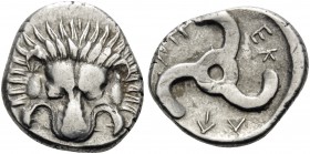 DYNASTS OF LYCIA. Perikles, circa 380-360 BC. Tetrobol (Silver, 16 mm, 2.74 g, 8 h). Lion's scalp facing. Rev. ΠΕP-ΕΚ-ΛE around triskeles. SNG von Aul...