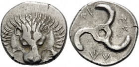 DYNASTS OF LYCIA. Perikles, circa 380-360 BC. Tetrobol (Silver, 16 mm, 1.75 g, 6 h). Lion's scalp facing. Rev. ΠΕP-ΕΚ-ΛE around triskeles. SNG von Aul...