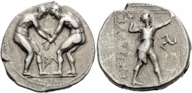 PAMPHYLIA. Aspendos . Circa 380/75-330/25 BC. Stater (Silver, 23 mm, 10.80 g, 12 h). Two wrestlers beginning to grapple with each other; between them,...