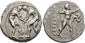 PAMPHYLIA. Aspendos . Circa 380/75-330/25 BC. Stater (Silver, 23 mm, 10.82 g, 12 h). Two wrestlers beginning to grapple with each other; between them,...