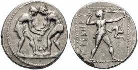 PAMPHYLIA. Aspendos . Circa 380/75-330/25 BC. Stater (Silver, 22 mm, 10.94 g, 12 h). Two wrestlers beginning to grapple with each other; between them,...