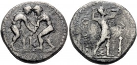 PISIDIA. Selge . Circa 325-250 BC. Stater (Silver, 22 mm, 9.33 g, 12 h). Two wrestlers beginning to grapple with each other; between them, Κ. Rev. ΣEΛ...