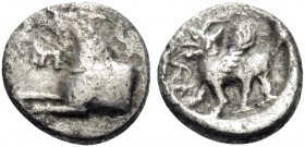 CILICIA. Uncertain . 4th century BC. Hemiobol (Silver, 7.5 mm, 0.31 g, 1 h). Forepart of a horse to left. Rev. bl ( in Aramaic ) Winged fantastic crea...