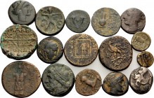 Lot of 16 Assorted Greek Coins, 5th Century BC - 1st Century AD. (Bronze, 74.01 g, 7 h). Lot of fifteen bronze and one silver plated coins. A nice lit...