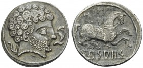 SPAIN. Arsaos . Circa 150-100 BC. Denarius (Silver, 18 mm, 3.87 g, 1 h). Bearded male head to right; to right, dolphin; to left, plow. Rev. Arsa Horse...
