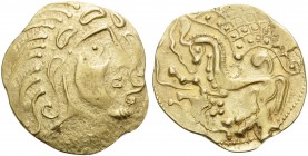 CELTIC, Northeast Gaul. The Parisii . Circa 70-60 BC. Stater (Gold, 24 mm, 6.99 g, 2 h), Class V. Celticized head of Apollo to right. Rev. Stylized ho...