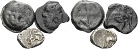 CELTIC, Central Gaul. 2nd-1st centuries BC. (Silver, 8.82 g). Lot of one Silver and two Potin coins. ( 1 ). Aedui, AR Quinar, 13 mm, 1.96 g, 6h. LT 48...