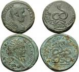 Septimius Severus and Macrinus. (Bronze, 27.12 g). Lot of two most interesting coins depicting serpents. ( 1 ). Septimius Severus, 193-211. Thrace, Pa...
