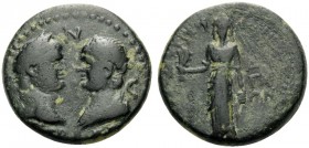 AEOLIS. Aegae . Titus & Domitian, 79-81. (Bronze, 17 mm, 4.91 g, 12 h). ΣΕΒΑΣΤ-Ω-Ν Confronted heads of Titus right, laureate, and Domitian left, bareh...