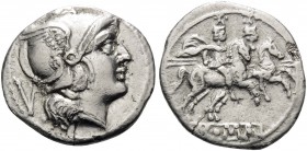 Anonymous. Quinarius (Silver, 14 mm, 1.73 g), Rome, after 211 BC. Helmeted head of Roma to right; behind, V. Rev. The Dioscuri galloping to right; bel...