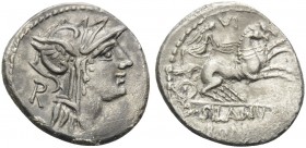 D. Silanus L.f, 91 BC. Denarius (Silver, 19 mm, 3.51 g, 3 h), Rome. Helmeted head of Roma to right; behind R. Rev. D SILANVS L F / ROMA Victory in big...