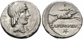 L. Calpurnius Piso Frugi, 90 BC. Denarius (Silver, 17 mm, 3.76 g, 12 h), Rome. Laureate head of Apollo to right; behind, inverted anchor; below chin, ...