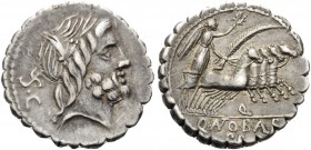 Q. Antonius Balbus, 83-82 BC. Denarius (Silver, 18 mm, 3.80 g, 6 h), Rome. Laureate head of Jupiter to right; behind neck, S C. Rev. Q ANTO BALB / PR ...