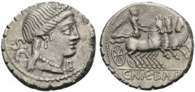 C. Naevius Balbus, 79 BC. Denarius Serratus (Silver, 18 mm, 3.65 g, 6 h), Rome. S C Diademed head of Venus right; before, E. Rev. C.NAE.BALB Victory d...