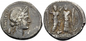 Cn. Egnatius Cn.f. Cn.n. Maxsumus, 76 BC. Denarius (Silver, 17 mm, 3.74 g, 6 h), Rome. MAXSVMVS Diademed and draped bust of Libertas to right, wearing...