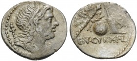 Cn. Lentulus, 76-75 BC. Denarius (Silver, 19 mm, 3.72 g, 5 h), Spain (?). G P R Draped bust of the Genius Populi Romani to right, his hair tied with b...