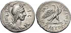 M. Plaetorius M.f. Cestianus, 57 BC. Denarius (Silver, 19 mm, 3.95 g, 5 h), Rome. CESTIANVS S.C Bust of female deity to right, draped and wearing the ...