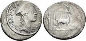 Cn. Plancius, 55 BC. Denarius (Silver, 19 mm, 2.18 g, 7 h), Rome. CN•PLANCIVS AED•CVR•S•C Head of Macedonia (?) to right, wearing causia. Rev. Cretan ...