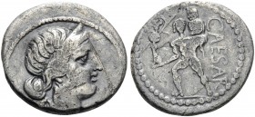Julius Caesar. Denarius (Silver, 18 mm, 3.54 g, 7 h), military mint traveling with Caesar in North Africa, 47-46 BC. Diademed head of Venus to right. ...