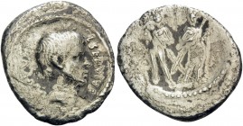 L. Servius Rufus, 43 BC. Denarius (Silver, 20 mm, 2.00 g, 8 h), Rome. L SERVIVS RVFVS Bare head of Brutus (?) to right. Rev. The Dioscuri standing fac...