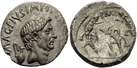 Sextus Pompey. Denarius (Silver, 18 mm, 3.55 g, 4 h), military mint in Sicily, 37-36 BC. MAG•PIVS•IMP•[ITER] Bare head of Pompeius Magnus to right; be...