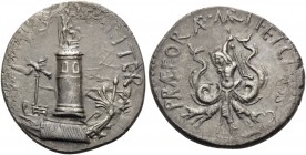 Sextus Pompey. Denarius (Silver, 19 mm, 3.58 g, 8 h), military mint in Sicily, 38-36 BC. MAG•PIVS•IMP•ITER. Rev. PRAEF ORAE•MARIT•ET•CLAS• S•C• Skylla...