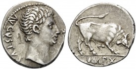 Augustus, 27 BC-AD 14. Denarius (Silver, 18.5 mm, 3.69 g, 4 h), Lugdunum (Lyon), 15 BC. AVGVSTVS DIVI F Bare head of Augustus to right. Rev. IMP.X Bul...
