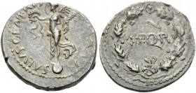 Civil Wars, 68-69. Denarius (Silver, 17 mm, 3.28 g, 6 h), Gaul, 67-68. SALVS GENERIS HVMANI Victory standing left on globe, holding wreath in her righ...