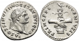 Domitian, as Caesar, 69-81. Denarius (Silver, 19 mm, 3.17 g, 5 h), Rome, 1 January - 24 June 79. CAESAR AVG F DOMITIANVS COS VI Laureate head of Domit...